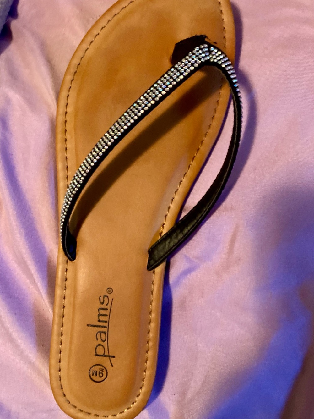 Palms Women's Tan Footbed Sandal with Black Rhinestone Straps